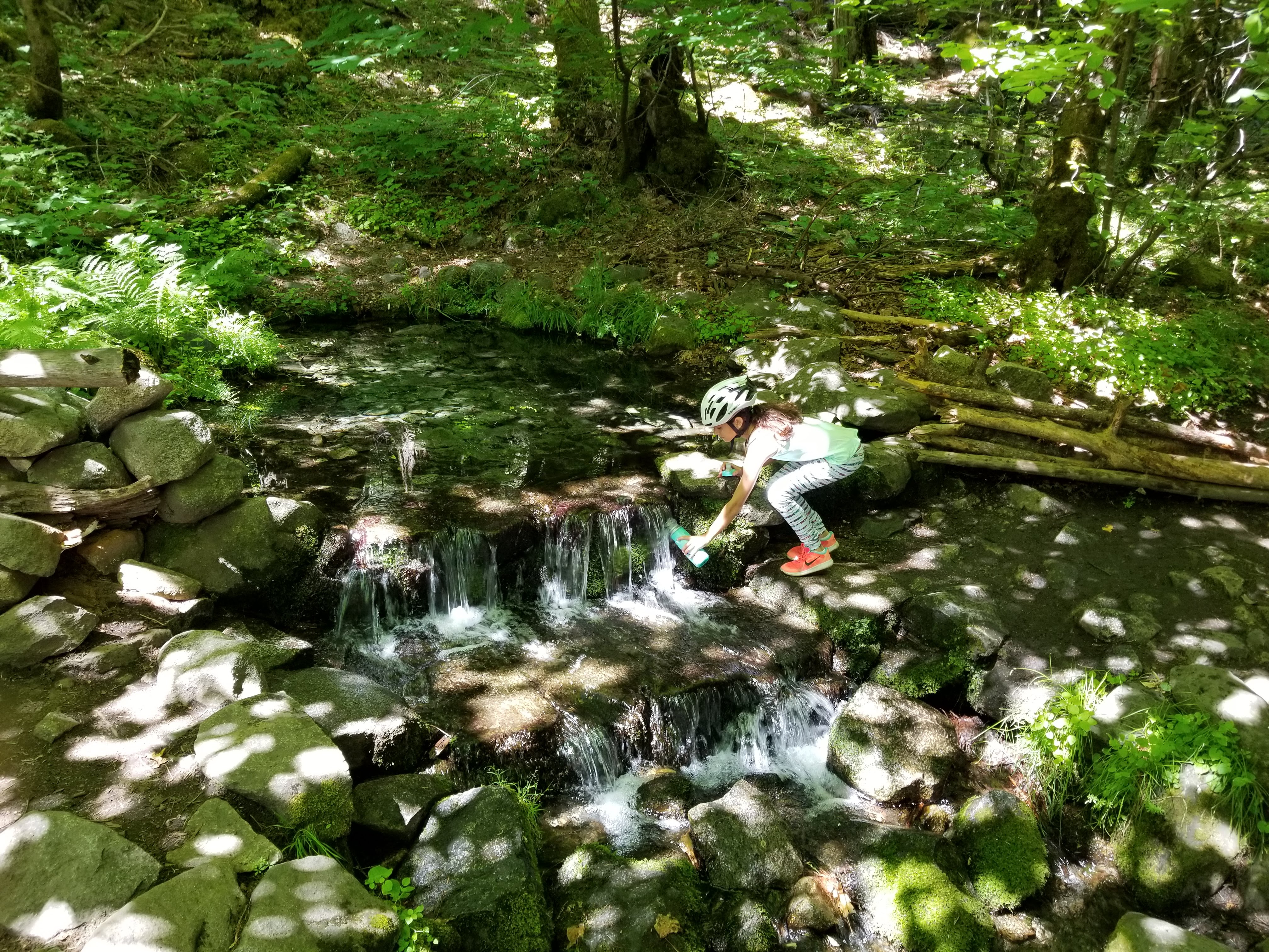 Young girl filling water bottle from Fern Spring